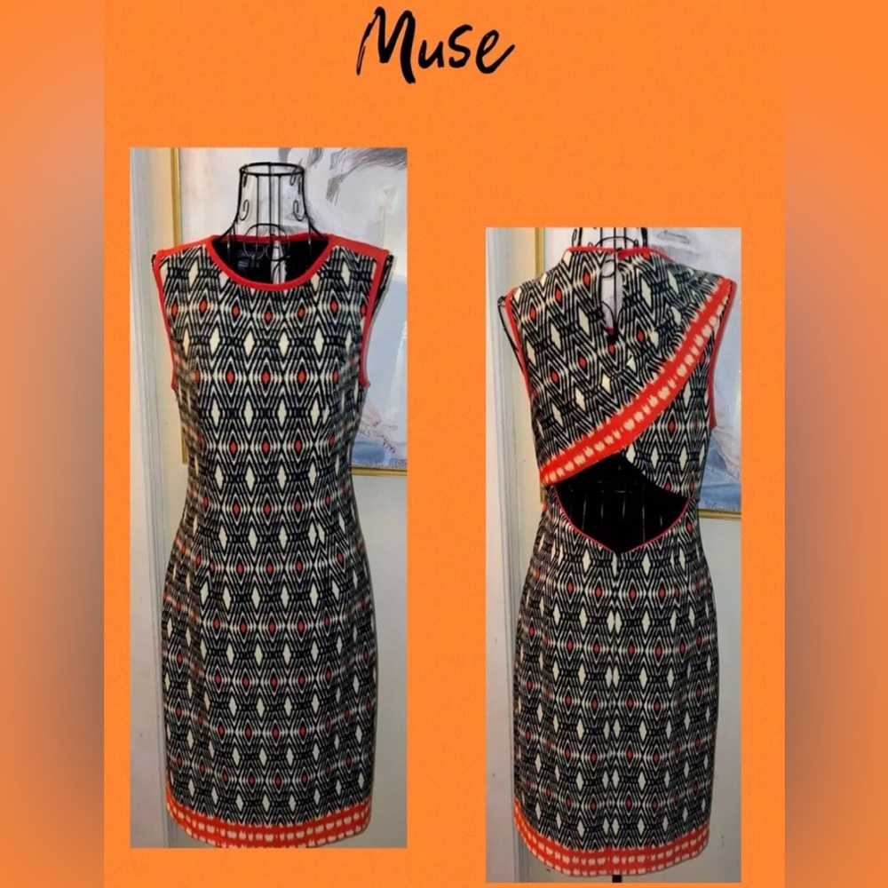 NWOT MUSE ORANGE & BLACK SCUBA KNIT DRESS W/CUT OUT BACK~GEO PRINT~6